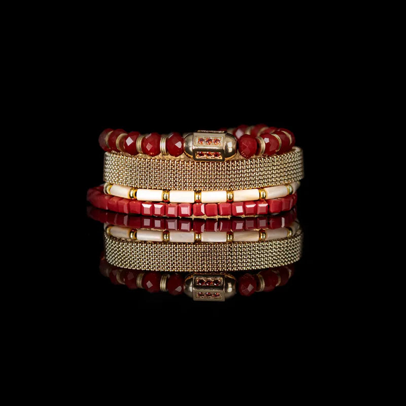 The Dark Ruby Red & Gold Beaded Bracelet Stack Crimson Glow