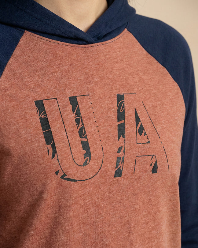 Red and navy raglan hoodie with large 'UA' graphic lettering on front