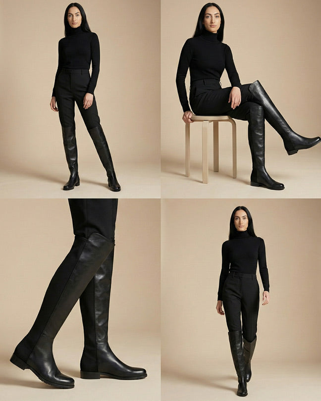 Woman modeling black over-the-knee boots and black pants in a neutral studio setting