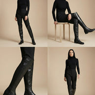 Woman modeling black over-the-knee boots and black pants in a neutral studio setting