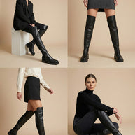 Women modeling black over-the-knee leather boots with different outfits.