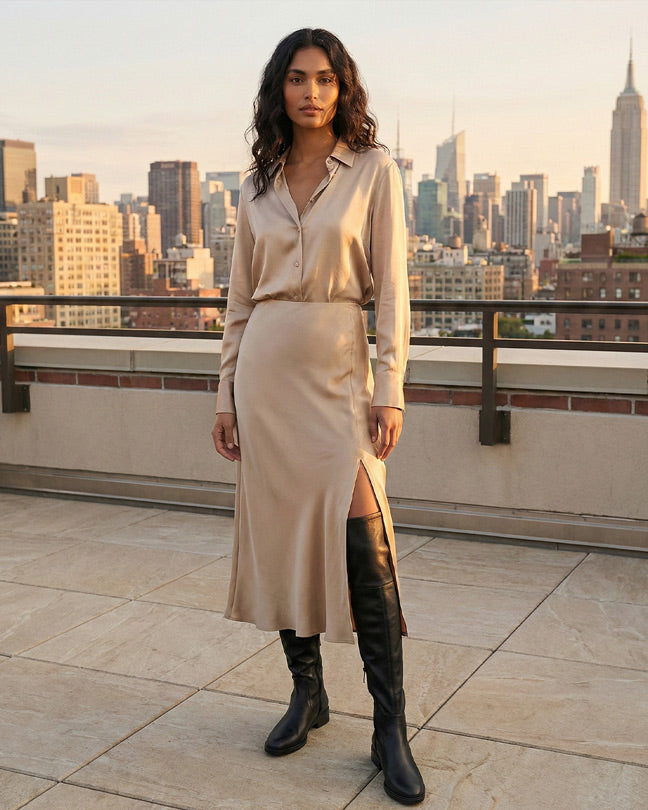 Woman in a beige satin shirt dress with side slit and black knee-high boots on a rooftop