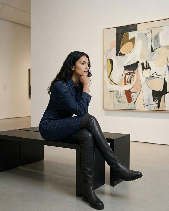 Woman in denim outfit and black knee-high boots sitting on bench in modern art gallery