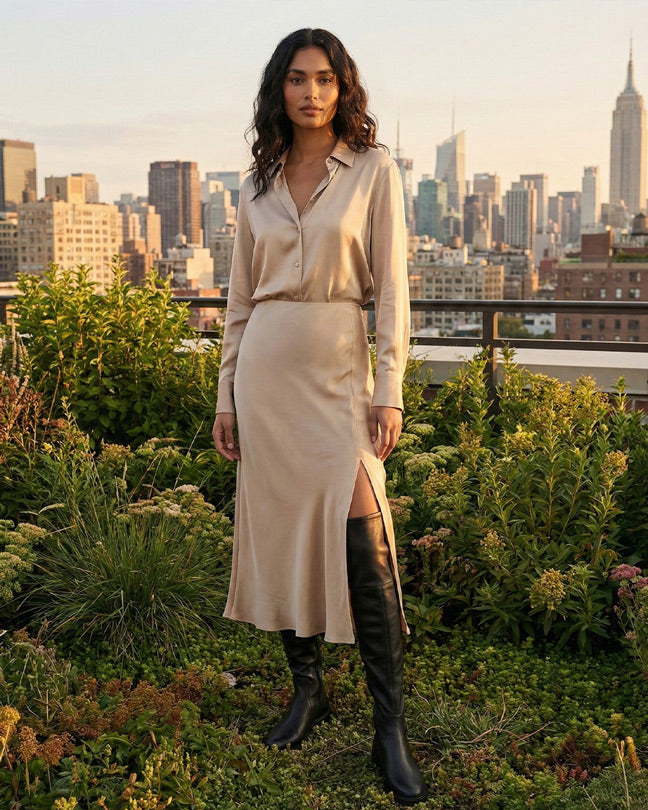 Woman in a beige satin shirt dress with side slit and black knee-high boots on rooftop garden