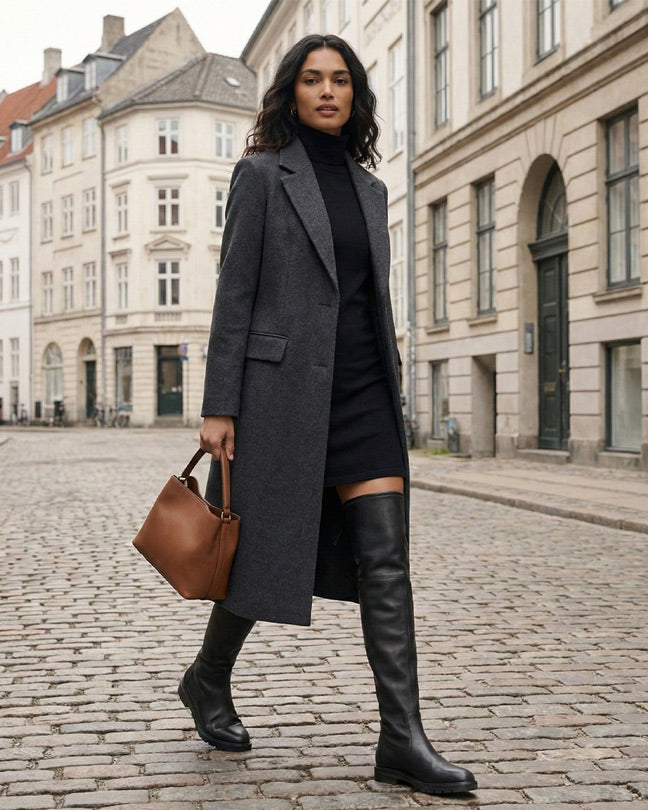 Woman in a grey coat, black dress, and knee-high boots walking with a brown handbag on a city street