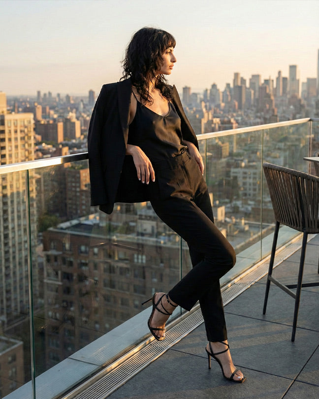 Woman in black suit and heels poses on rooftop balcony with city skyline at sunset.
