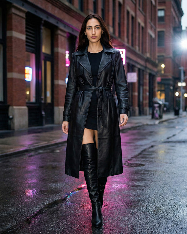 Woman wearing black leather trench coat and knee high boots walking on city street at night