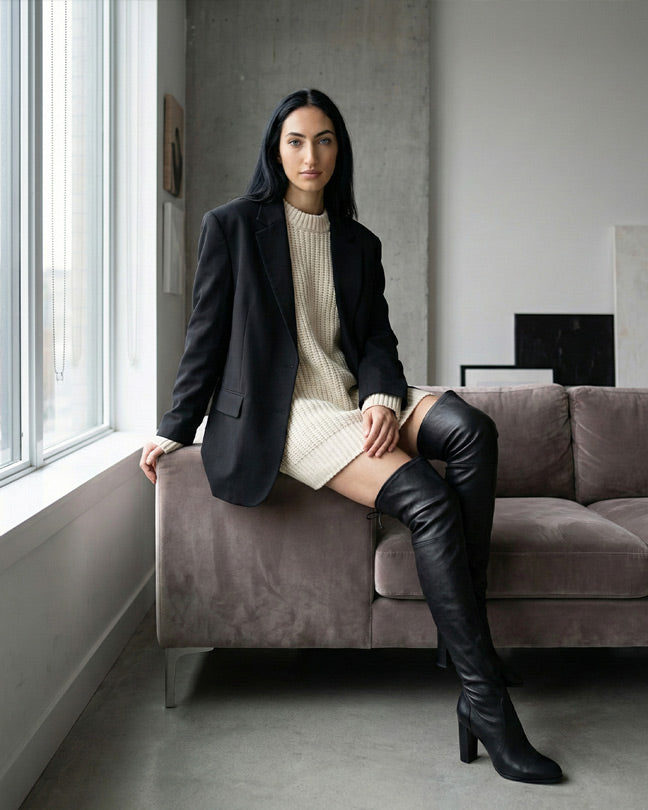 Woman in a black blazer, cream sweater dress, and over-the-knee boots sitting on a sofa