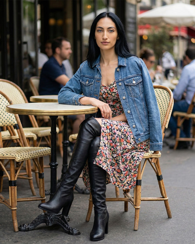 Woman in floral dress, denim jacket, and black knee-high boots sitting at outdoor café