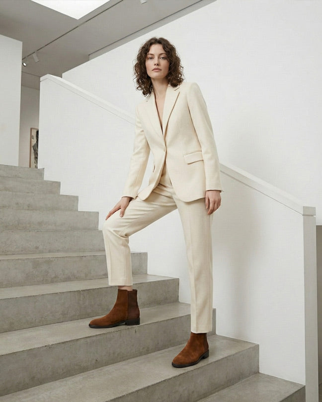Woman in a cream suit and brown boots posing on modern concrete stairs indoors