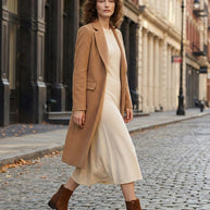 Woman in tan wool coat, cream midi dress, and brown suede boots walking on city street