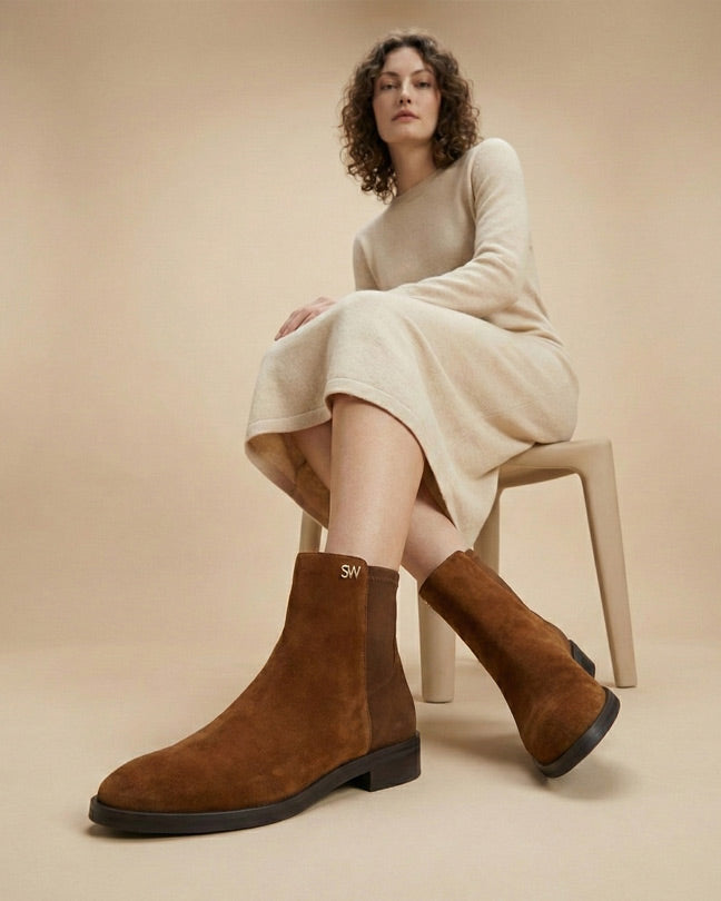 Woman in beige sweater dress modeling brown suede ankle boots on neutral background