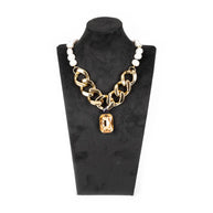 The Dark Gold Chain Necklace with Pearl Detail & Amber Crystal Pendant