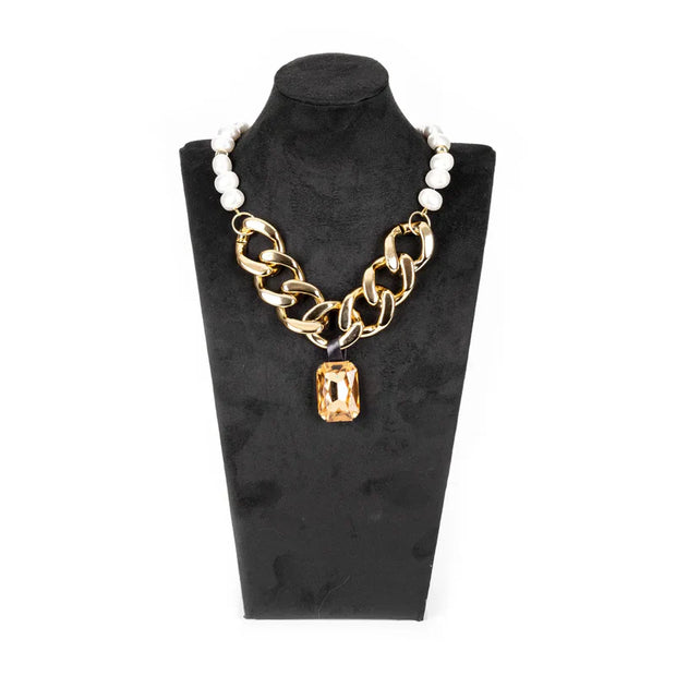 The Dark Gold Chain Necklace with Pearl Detail & Amber Crystal Pendant
