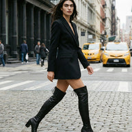 Woman in black blazer dress and knee-high boots walking on city street with taxis in background