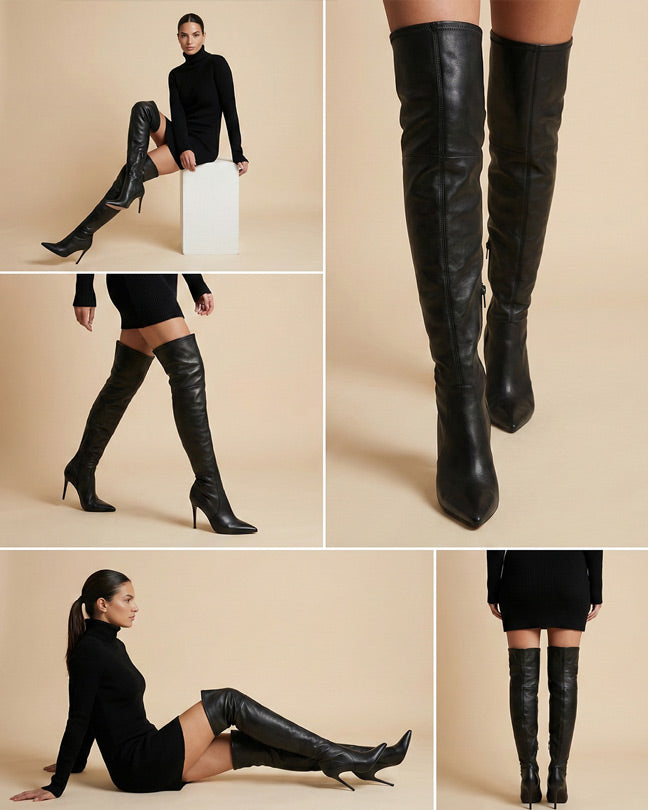 Woman modeling black thigh-high heeled boots with pointed toe, wearing black dress