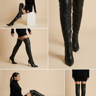 Woman modeling black thigh-high heeled boots with pointed toe, wearing black dress