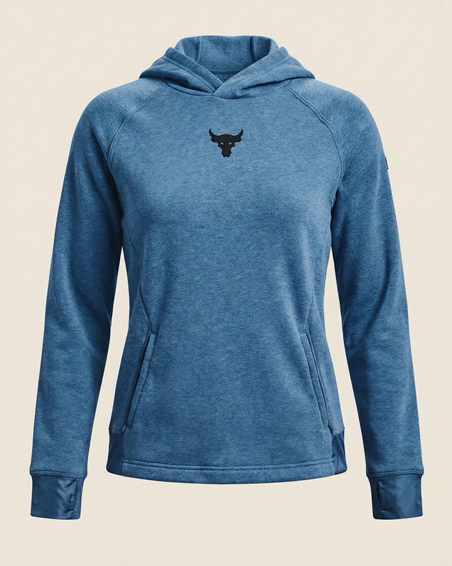 Blue women's hoodie with black bull head logo on chest, front pockets and long sleeves
