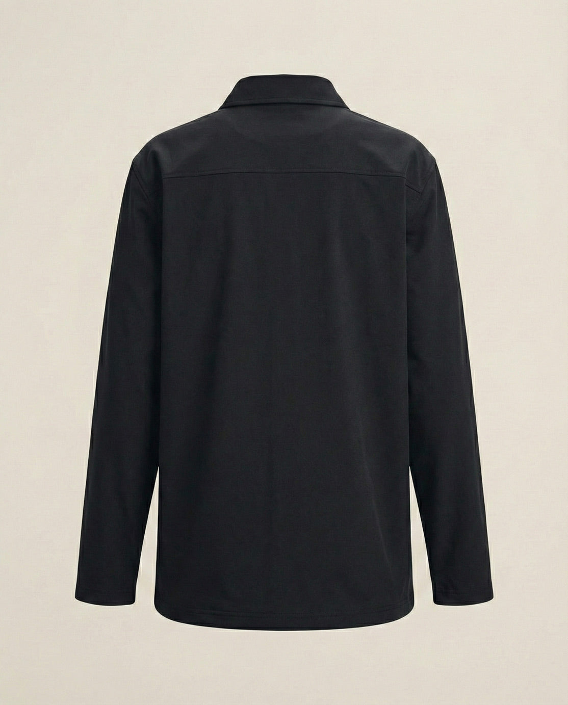 Back view of a plain black long sleeve clean jacket on a neutral background