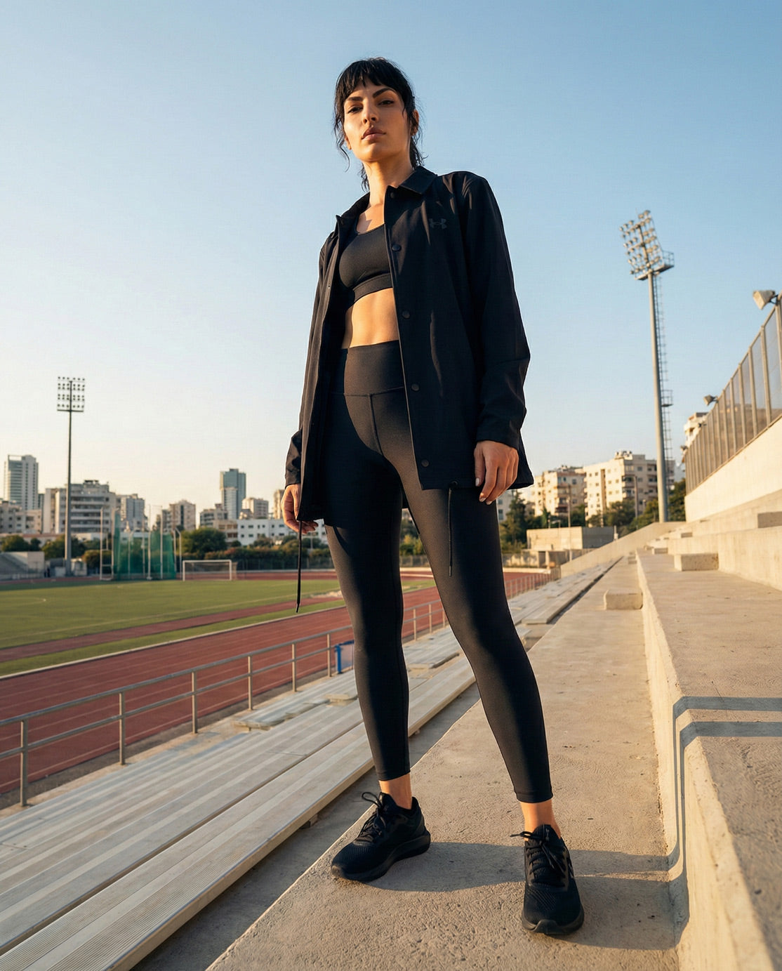 Woman wearing black athletic jacket and leggings standing on stadium bleachers outdoors