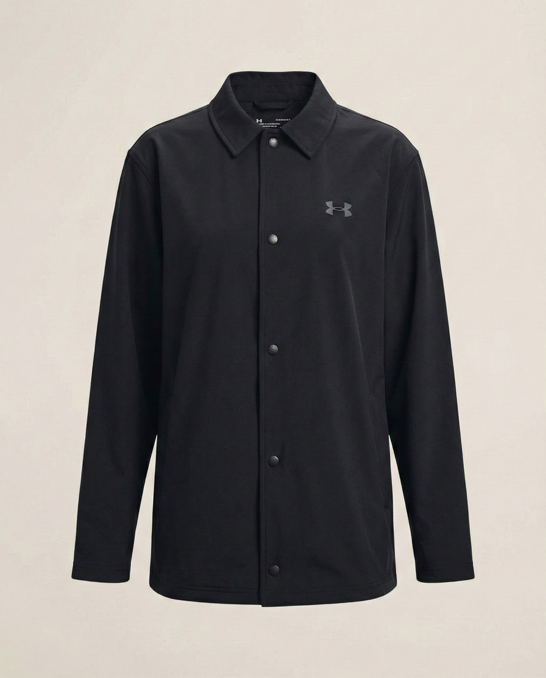 Black clean button-up jacket with long sleeves and collar on neutral background