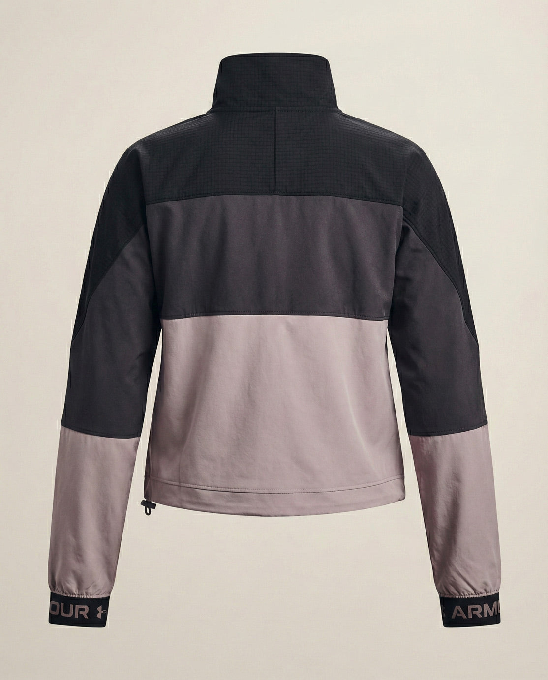 Back view of a colorblock black and grey jacket with high collar and branded cuffs