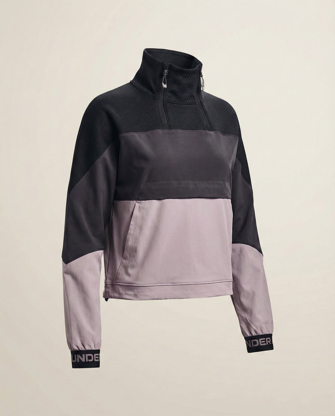 Black and grey colorblock pullover jacket with high collar and zipper accents