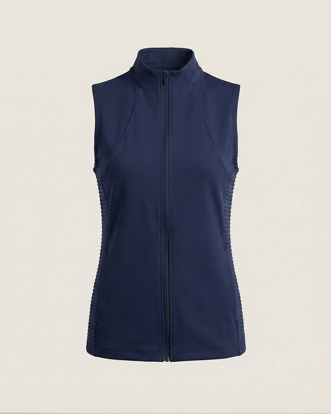 Sleeveless navy blue zip-up vest with high collar, front view on neutral background