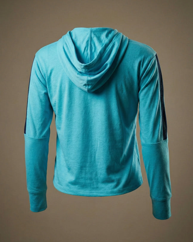 Blue hooded long sleeve shirt with black side stripes, back view, casual wear