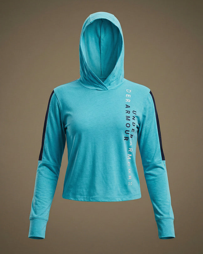 Blue women's hooded long sleeve shirt with vertical logo and black sleeve stripes