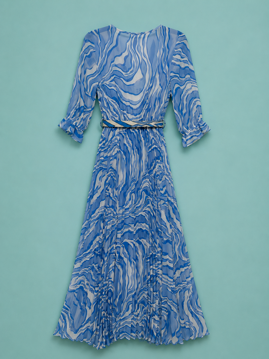 Tendresse Boutique Blue & White Pleated Dress
