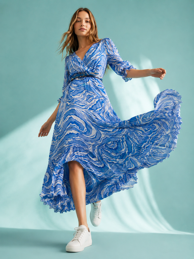 Tendresse Boutique Blue & White Pleated Dress