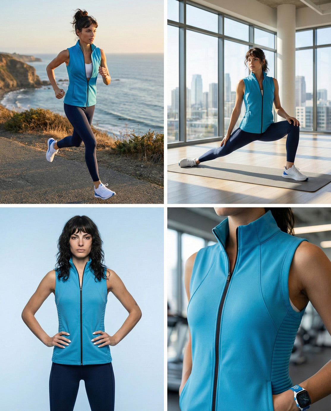 Woman modeling a sleeveless zip-up blue athletic vest, shown running outdoors, stretching in a gym, and posing studio-style.