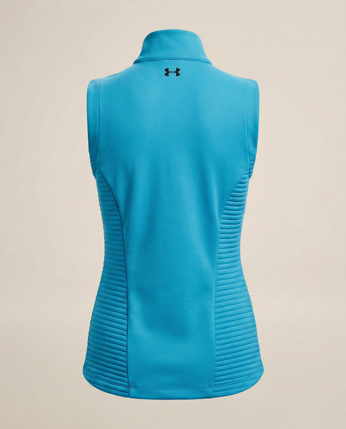 Blue sleeveless athletic top with high collar and ribbed sides, shown from the back.