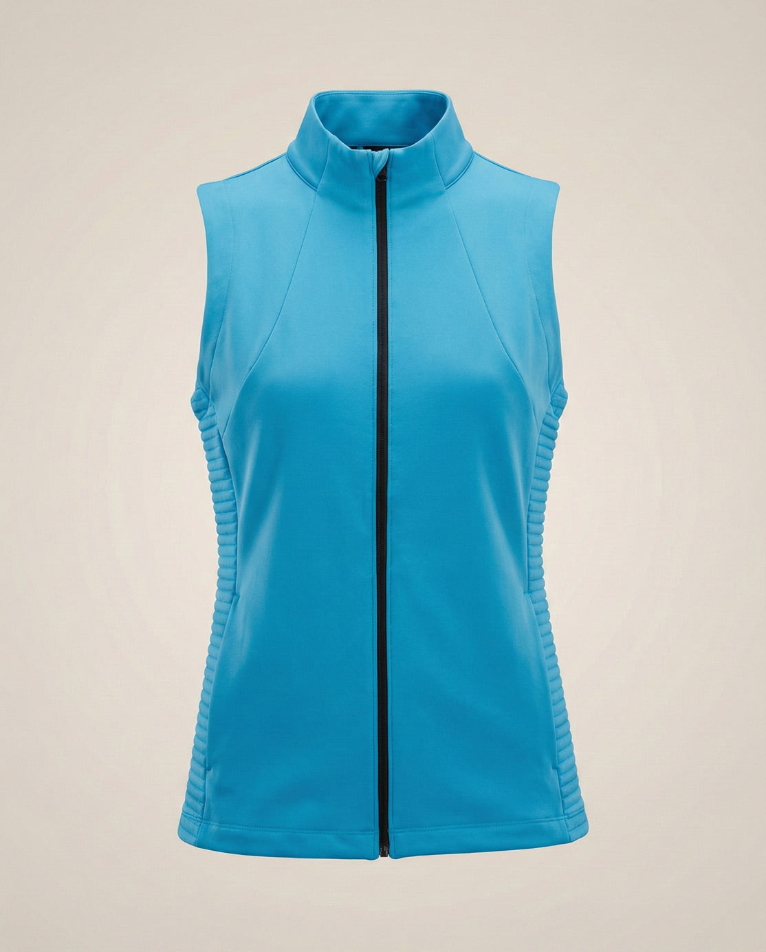 Sleeveless blue zip-up vest with ribbed side panels on a plain background
