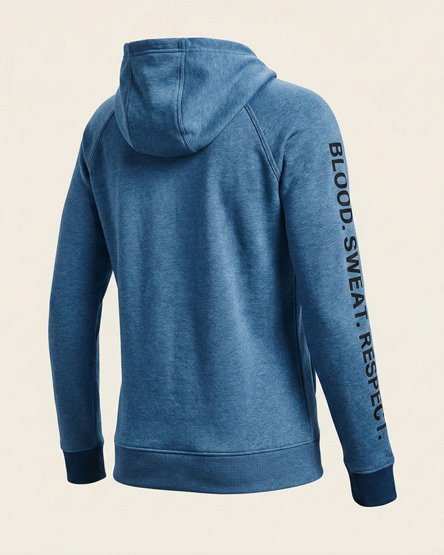 Blue hooded sweatshirt with 'BLOOD. SWEAT. RESPECT.' text on sleeve, back view