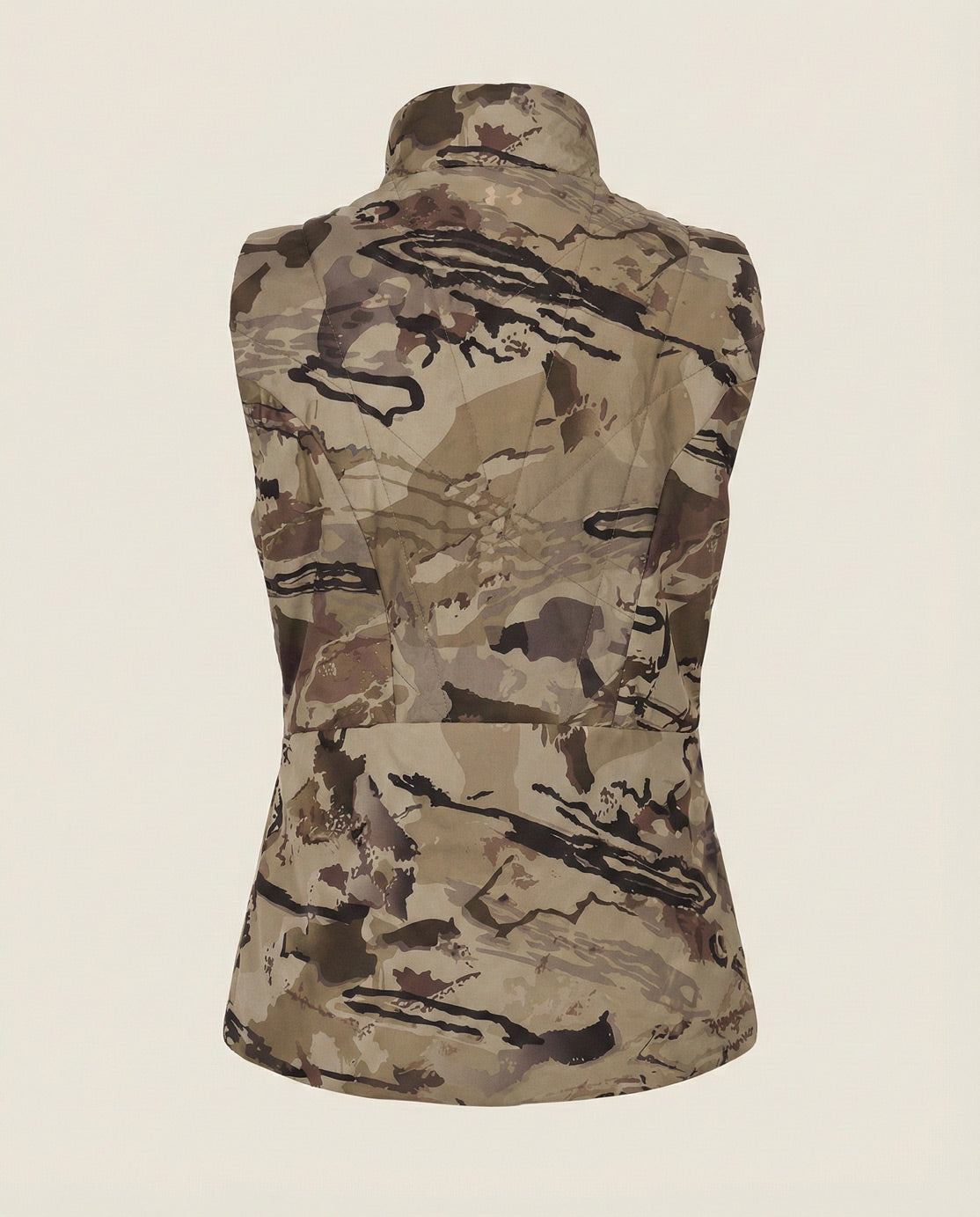 Back view of sleeveless camouflage vest with high collar on plain background