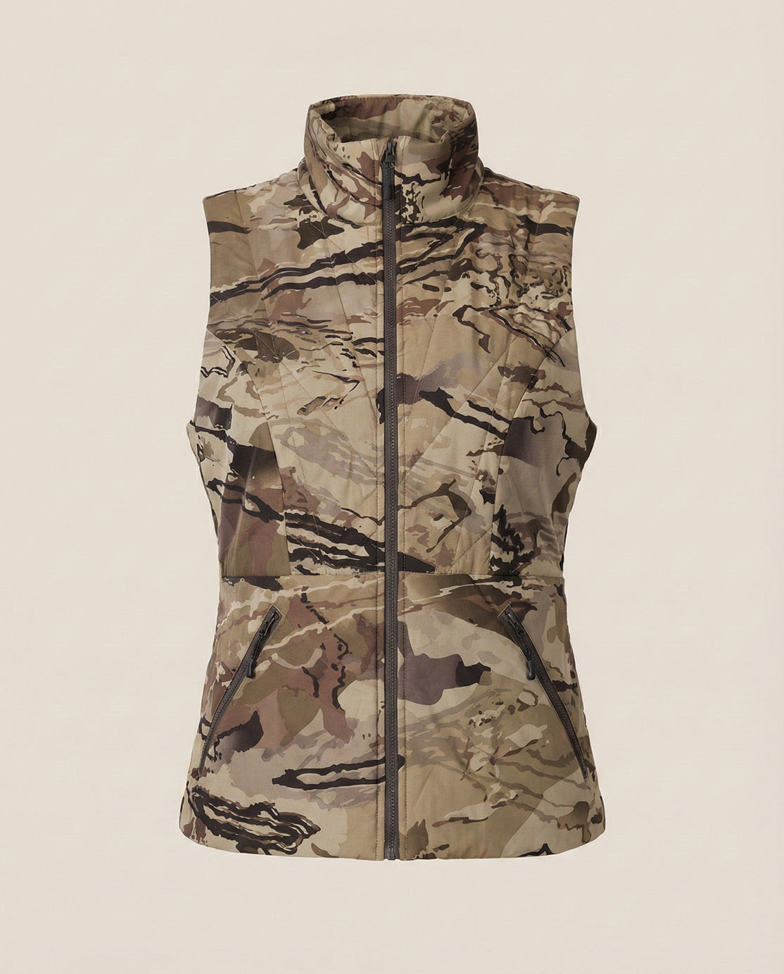 Sleeveless camouflage vest with zip front and high collar on neutral background.
