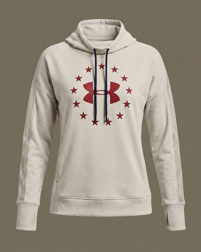 Cream hoodie with red star graphic and mesh detail on sleeves, front view