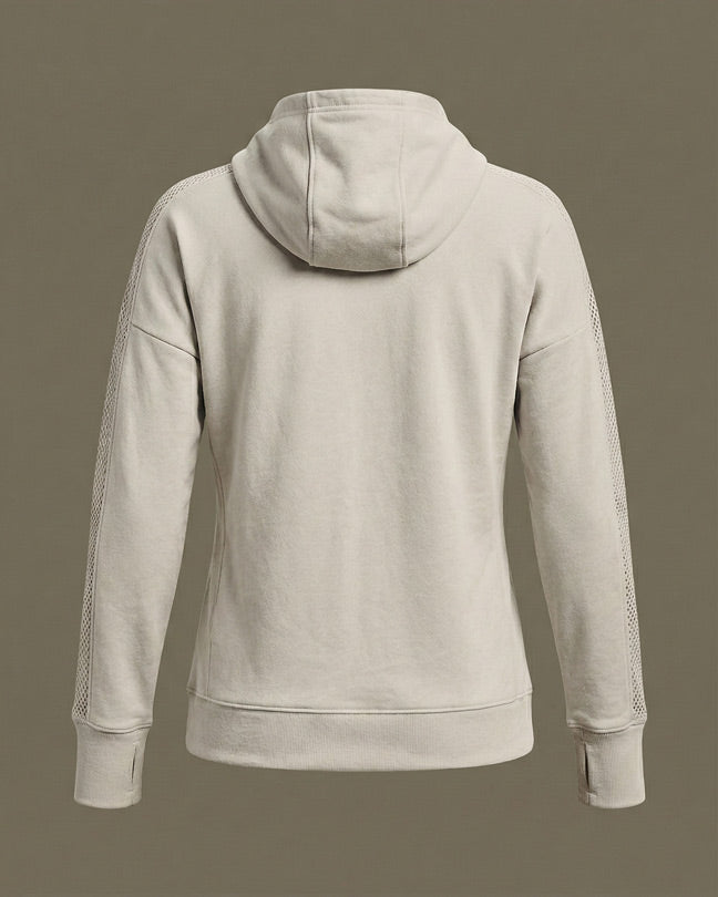 Back view of a cream hoodie with mesh-detail sleeves on a neutral background