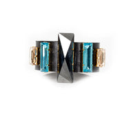 The Dark Black Leather Cuff with Blue & Champagne Crystals