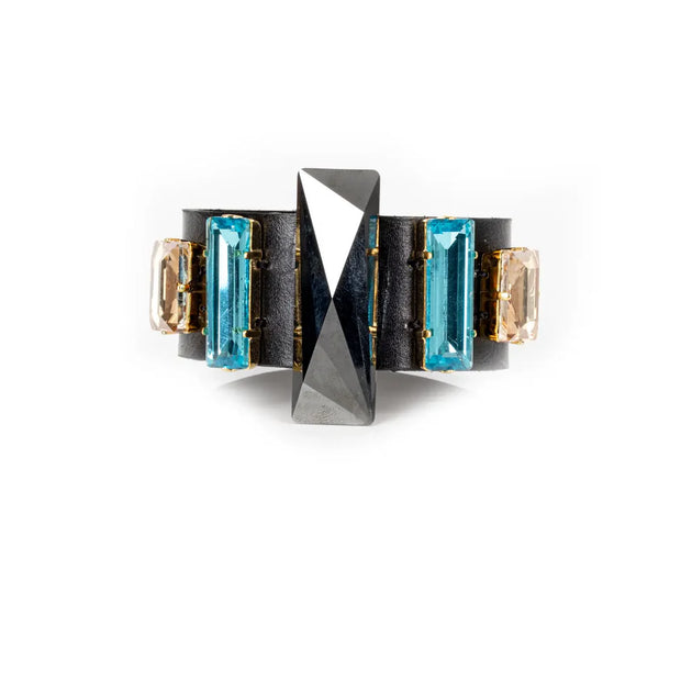 The Dark Black Leather Cuff with Blue & Champagne Crystals