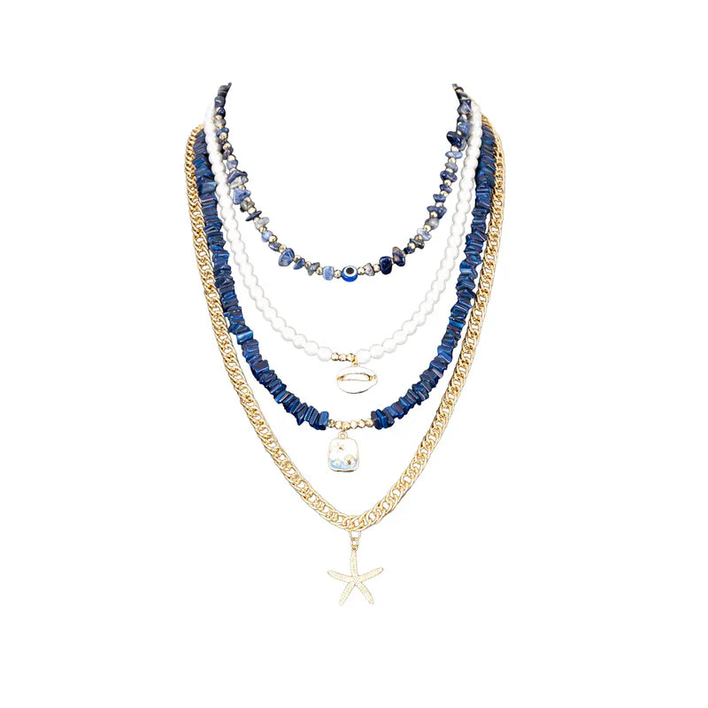 The Dark Layered Blue Beaded Necklace Set with Evil Eye & Starfish Charm Sale price