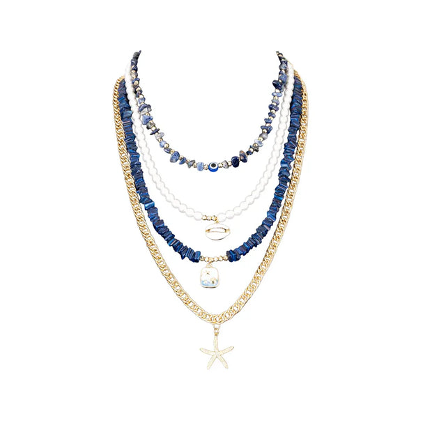 The Dark Layered Blue Beaded Necklace Set with Evil Eye & Starfish Charm Sale price