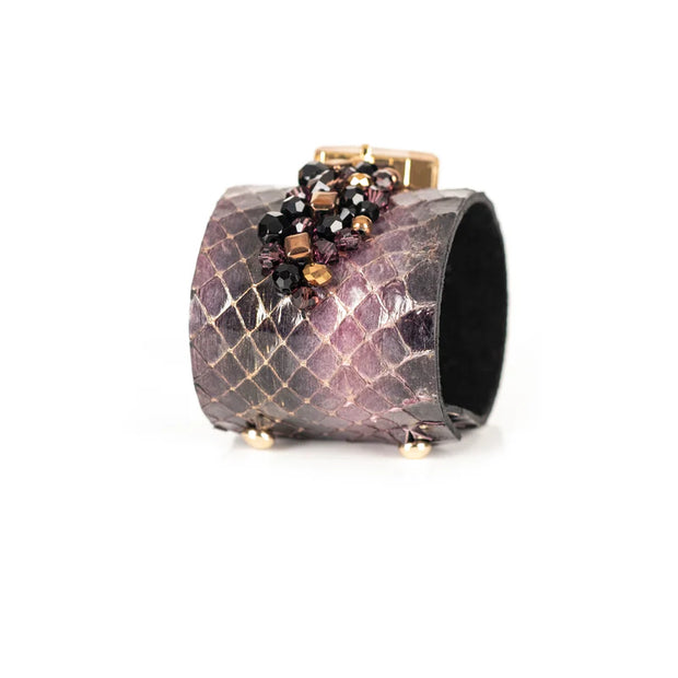 The Dark Python Leather Crystal Statement Cuff Bracelet with Champagne Stone