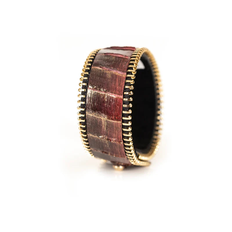 The Dark Burgundy Crocodile Leather Cuff with Gold Zipper Edges
