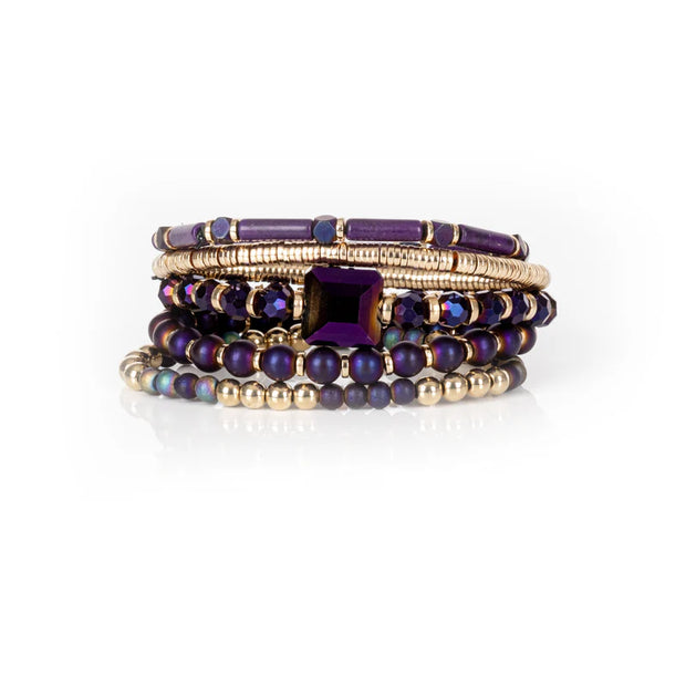 The Dark Midnight Amethyst Crystal Bracelet Stack Deep Purple & Gold Sale price
