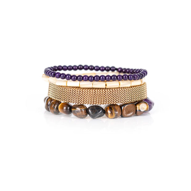 The Dark Amethyst Tiger Eye & Gold Mesh Bracelet Stack