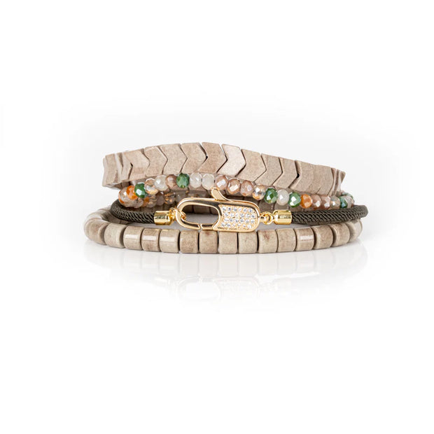 The Dark Pavé Lock Multi-Layer Beaded Bracelet Stack Sand & Olive