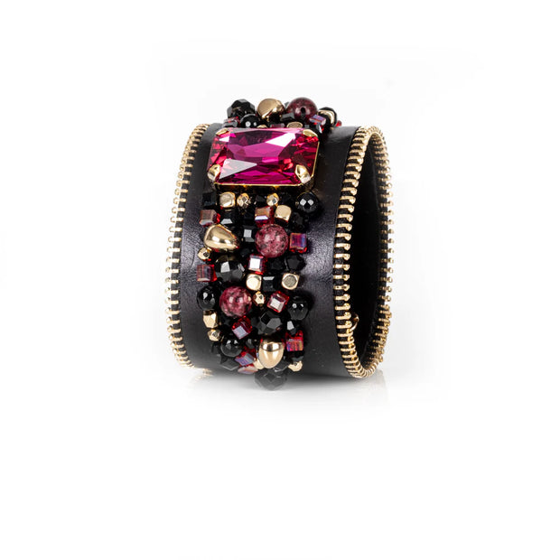 The Dark Black Leather Crystal Statement Cuff Ruby Glass & Gold Zip